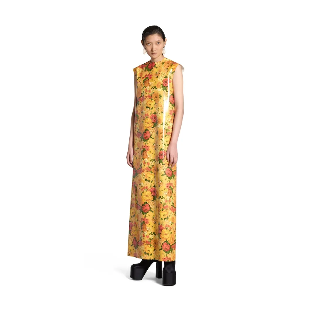 Abito Senza Maniche Faux Vinyl Floral da Donna in Arancione