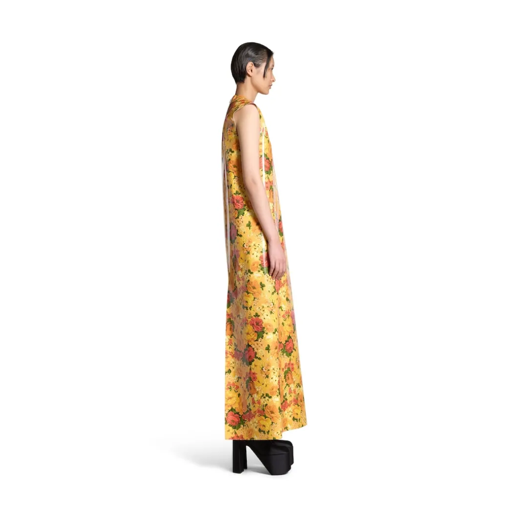 Abito Senza Maniche Faux Vinyl Floral da Donna in Arancione