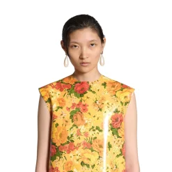Abito Senza Maniche Faux Vinyl Floral da Donna in Arancione