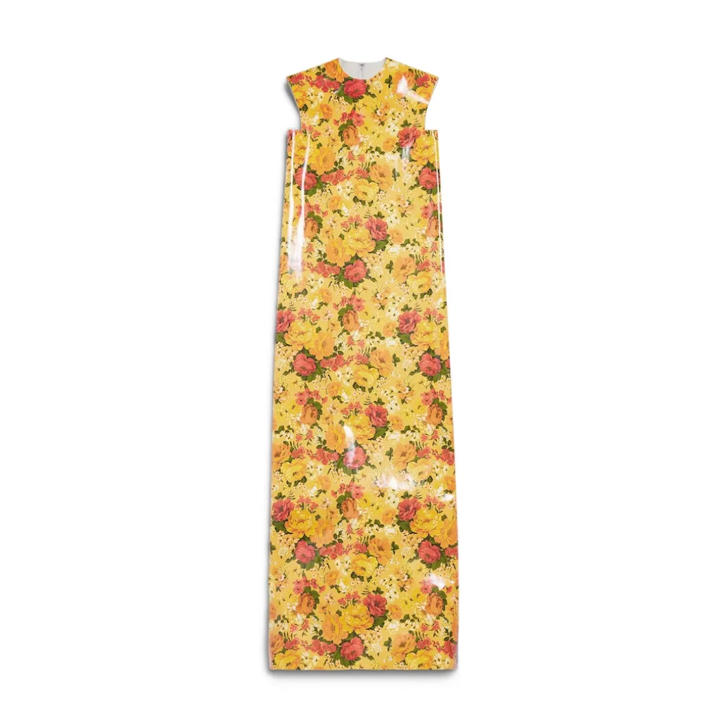 Abito Senza Maniche Faux Vinyl Floral da Donna in Arancione