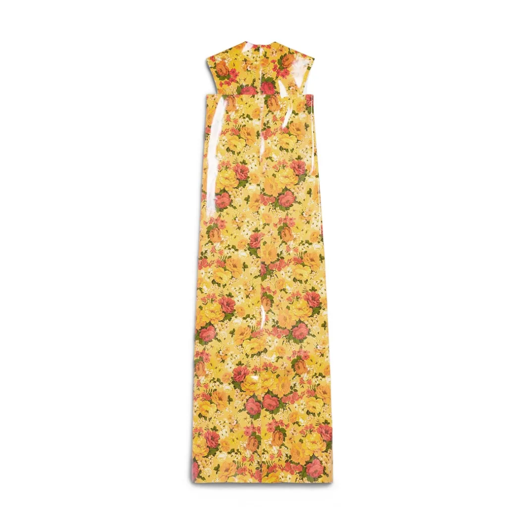Abito Senza Maniche Faux Vinyl Floral da Donna in Arancione
