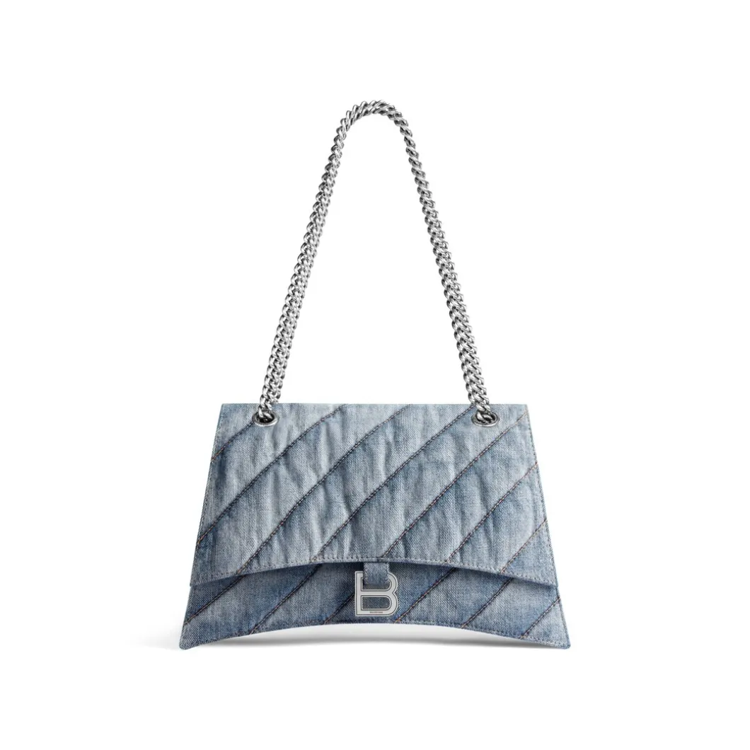 Borsa Con Catena Crush Media Trapuntata In Denim da Donna in Blu