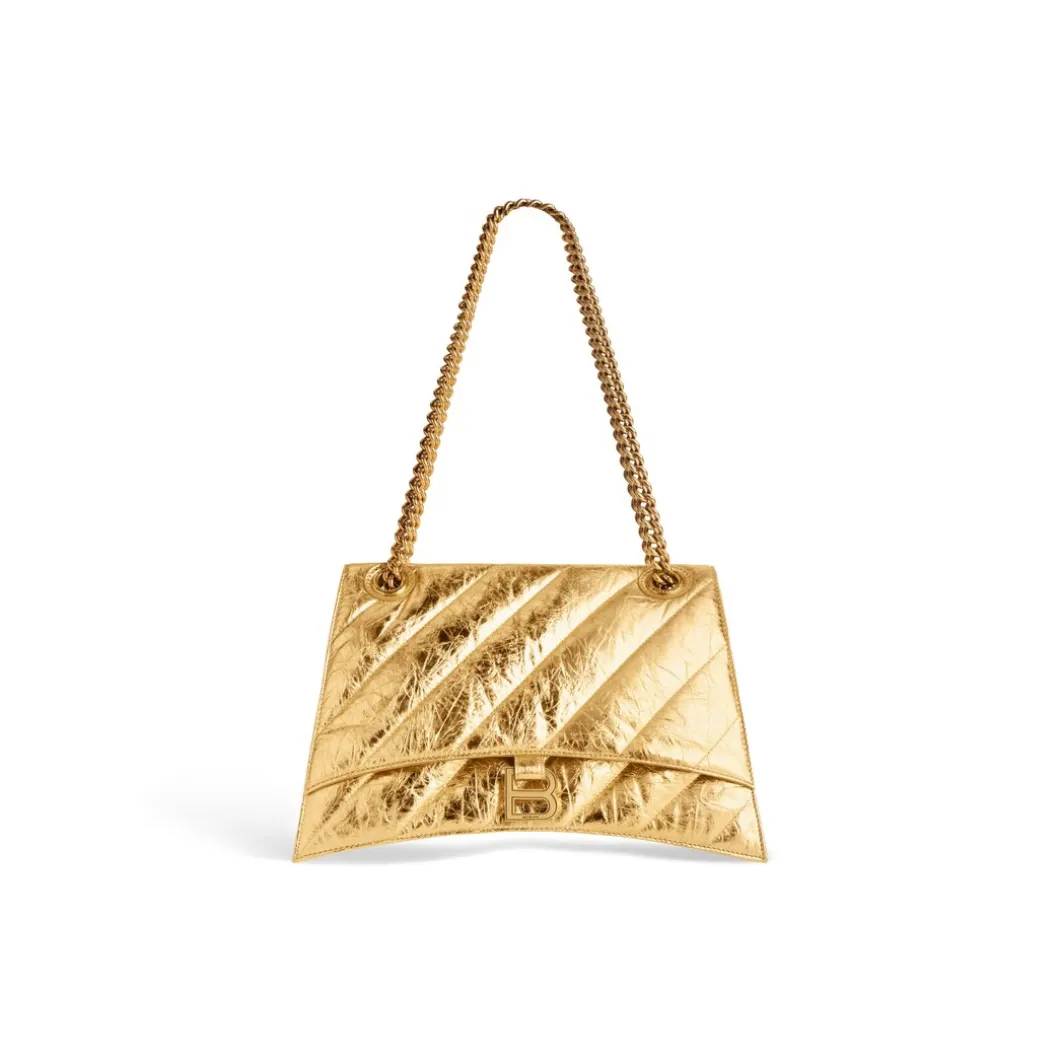 Borsa Con Catena Crush Media Metallizzata E Trapuntata da Donna in Oro