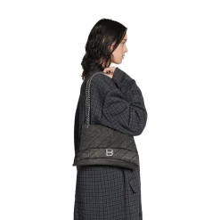 Borsa Con Catena Crush Media In Denim Trapuntato da Donna in Nero