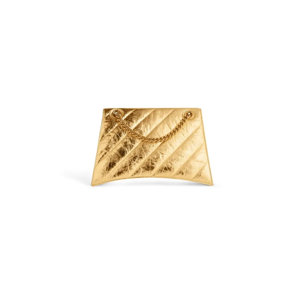 Borsa Con Catena Crush Media Metallizzata E Trapuntata da Donna in Oro