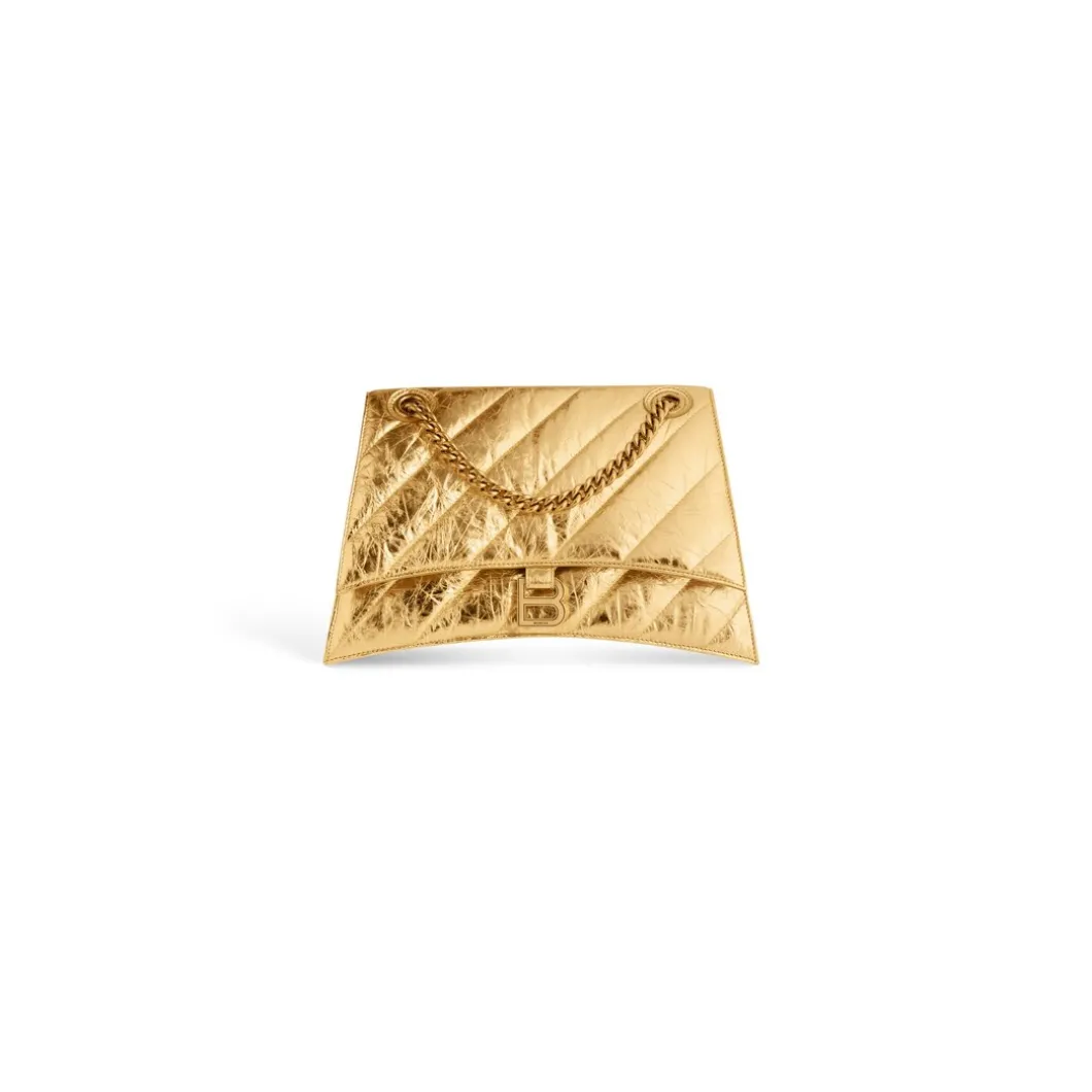 Borsa Con Catena Crush Media Metallizzata E Trapuntata da Donna in Oro