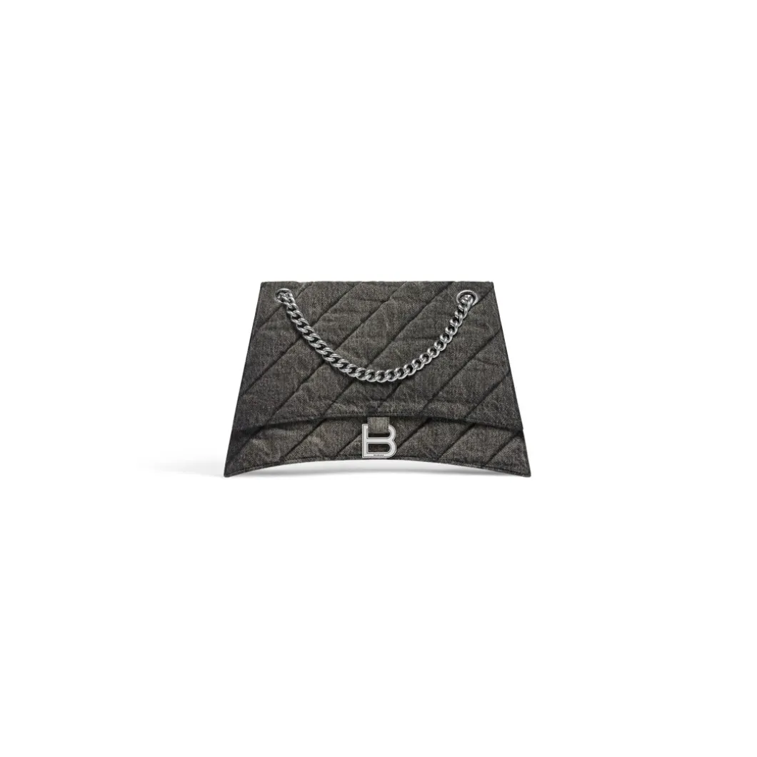 Borsa Con Catena Crush Media In Denim Trapuntato da Donna in Nero