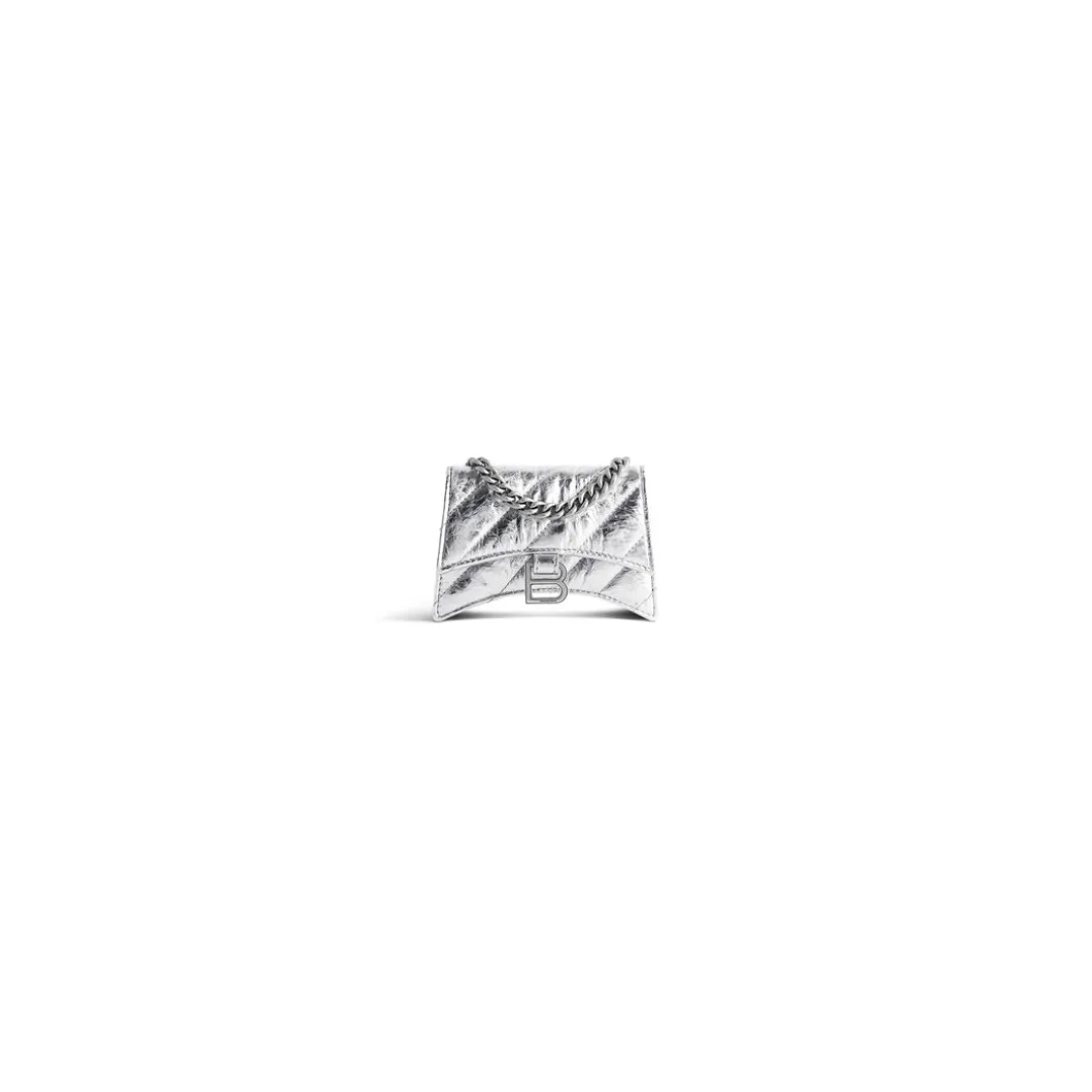 Borsa Con Catena Crush Mini Metallizzata E Trapuntata da Donna in Argento