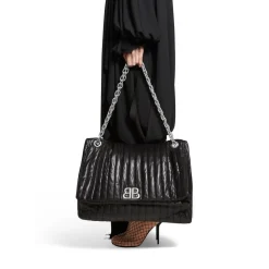 Borsa Con Catena Monaco Grande Trapuntata da Donna in Nero