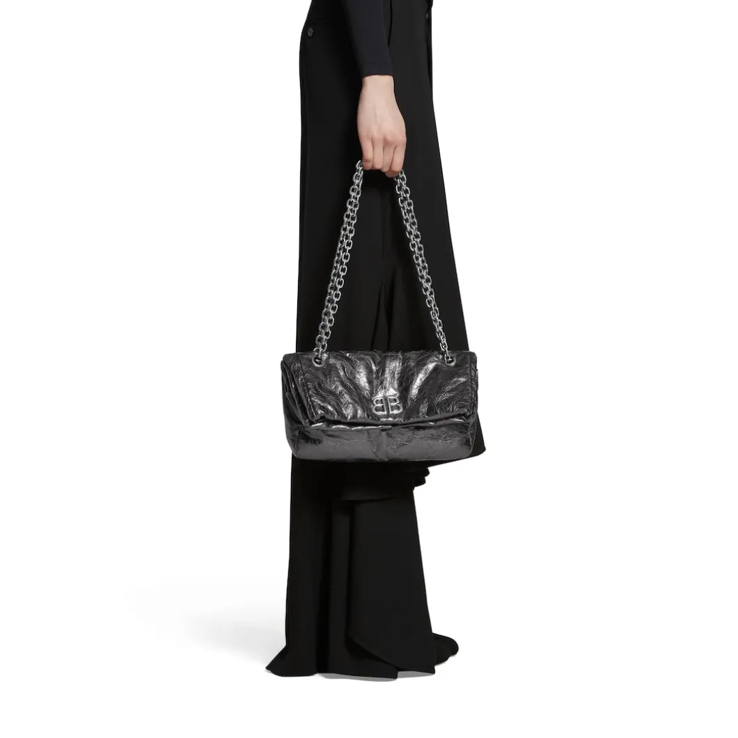 Borsa Con Catena Monaco Piccola Metallizzata da Donna in Grigio Scuro