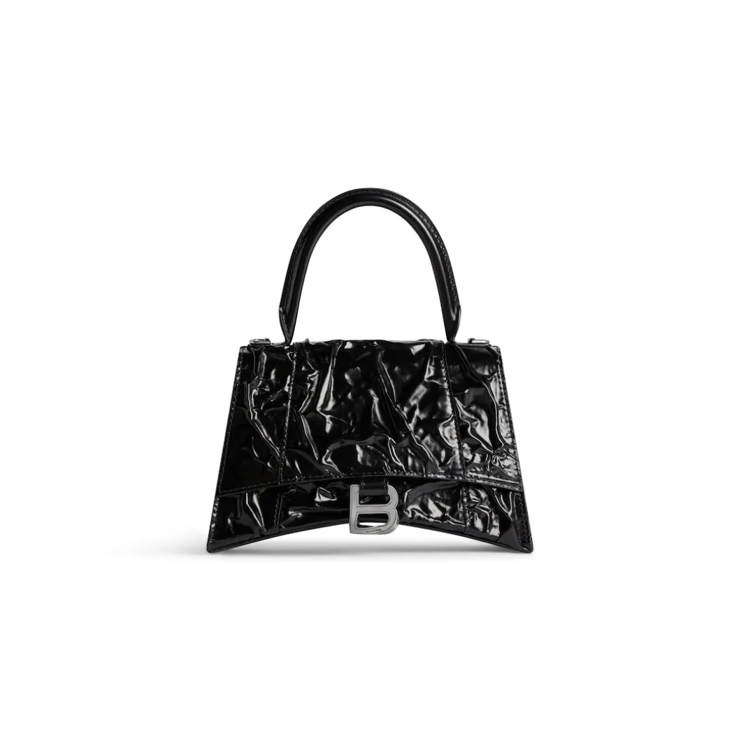 Borsa Hourglass Piccola Effetto Stropicciato da Donna in Nero