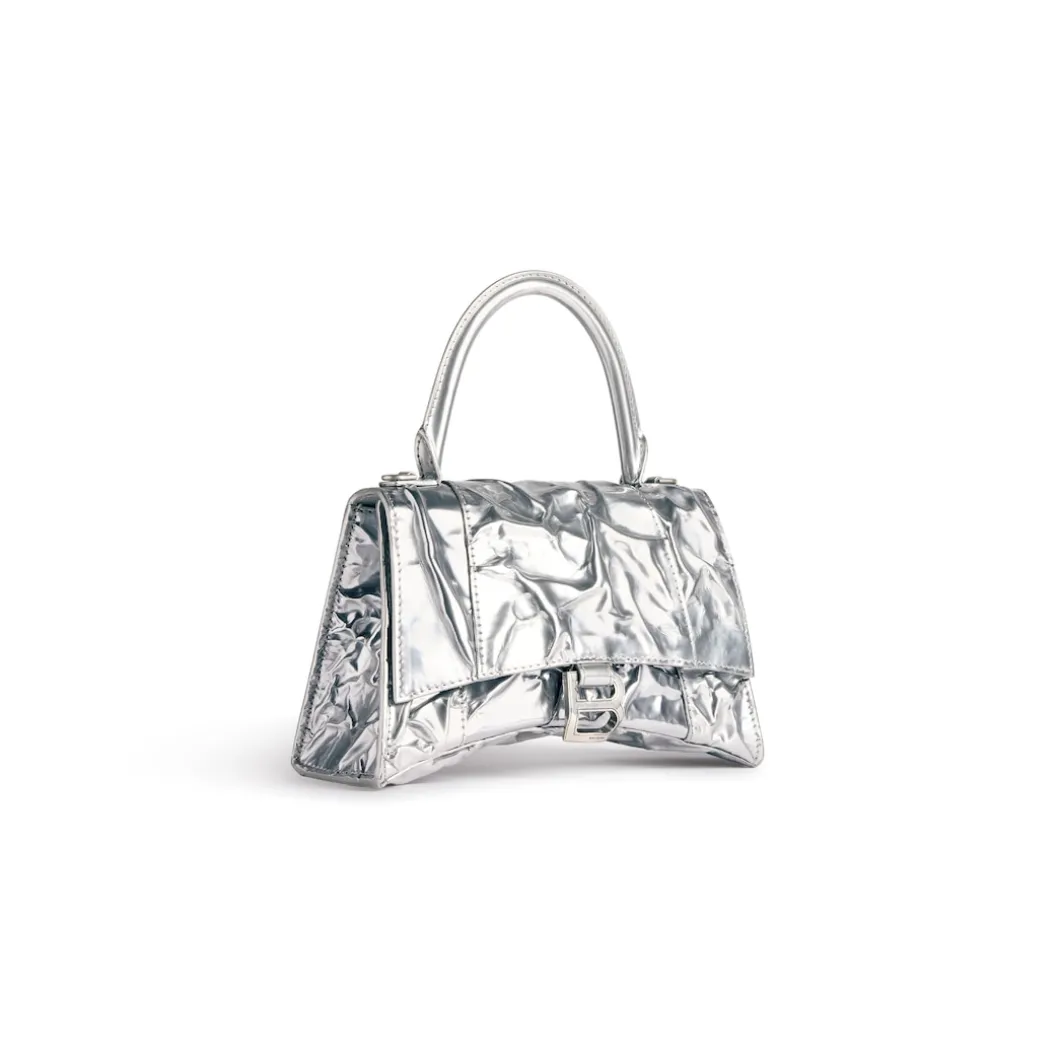 Borsa Hourglass Piccola Effetto Stropicciato da Donna in Argento