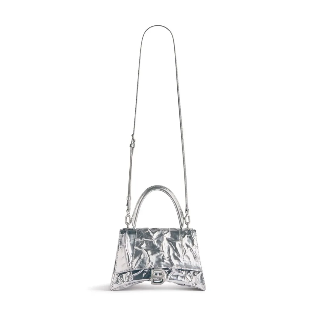 Borsa Hourglass Piccola Effetto Stropicciato da Donna in Argento
