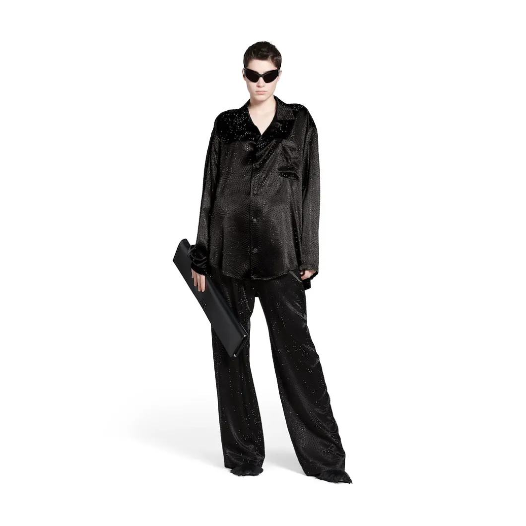 Camicia Con Strass Minimal Large Fit da Donna in Nero