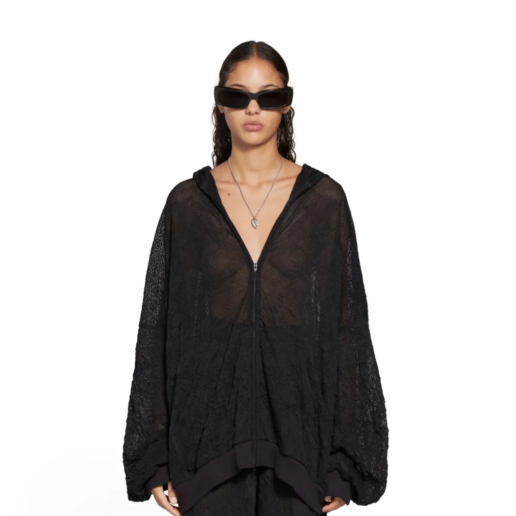 Hoodie Con Cerniera Mesh Oversize in Nero