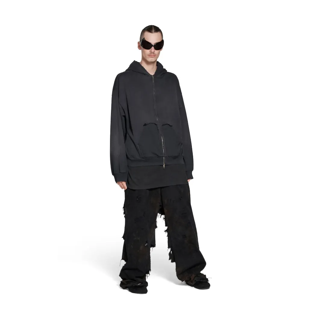 Hoodie Con Cerniera Ripped Pocket Tape Type Large Fit in Nero Délavé