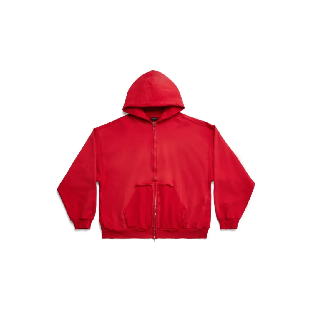 Hoodie Con Cerniera Ripped Pocket Tape Type Large Fit in Rosso