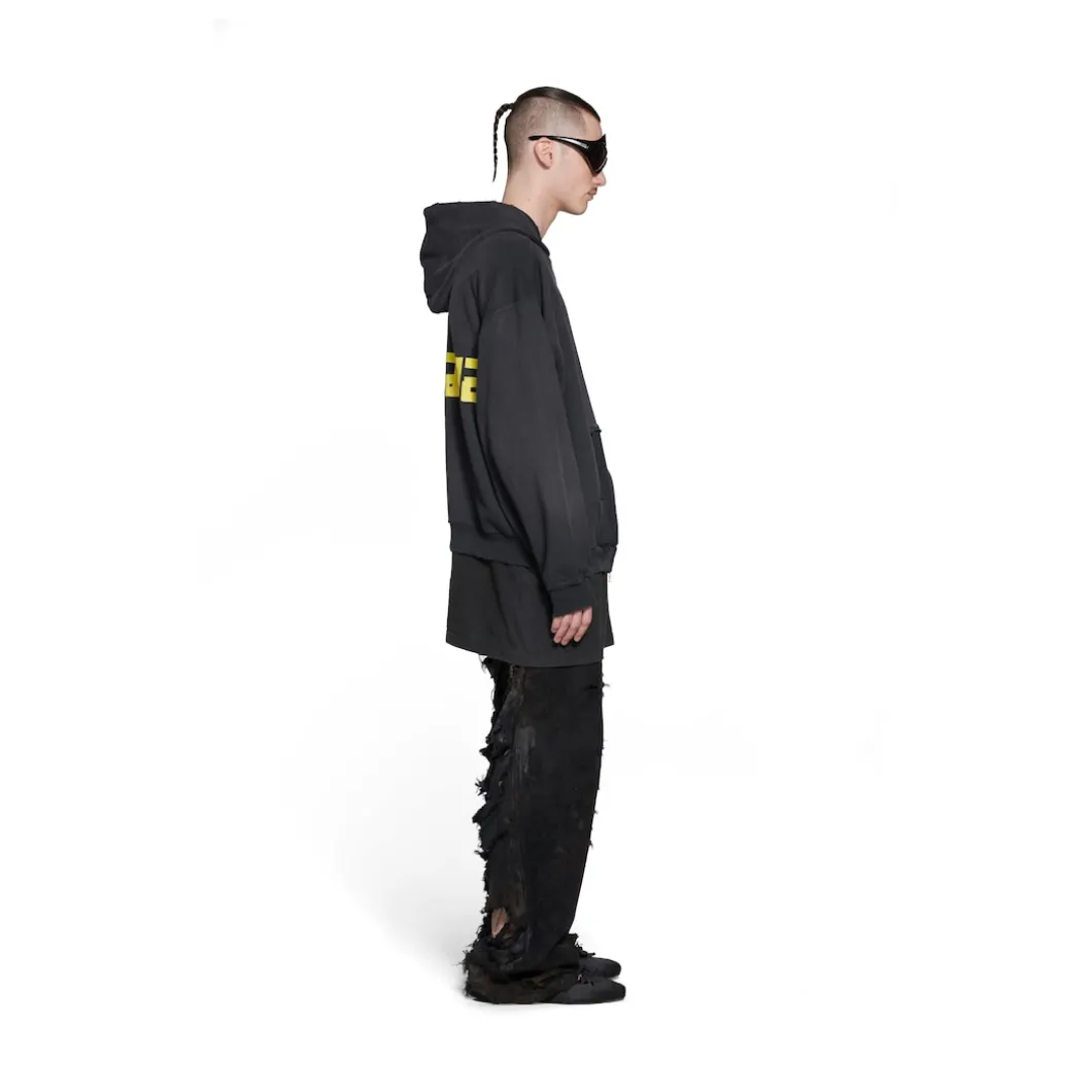 Hoodie Con Cerniera Ripped Pocket Tape Type Large Fit in Nero Délavé