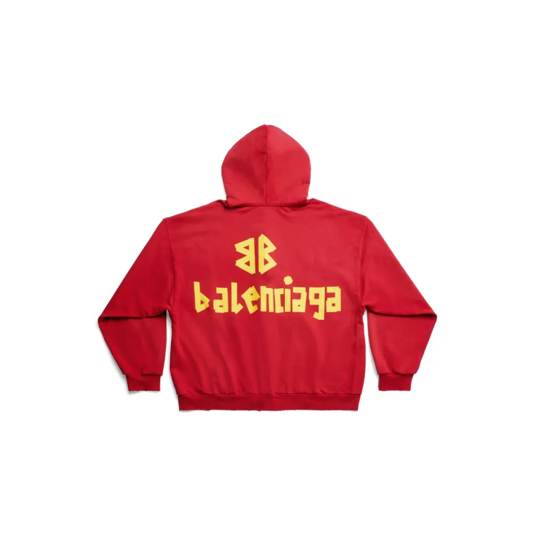 Hoodie Con Cerniera Ripped Pocket Tape Type Large Fit in Rosso