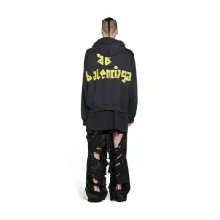 Hoodie Con Cerniera Ripped Pocket Tape Type Large Fit in Nero Délavé