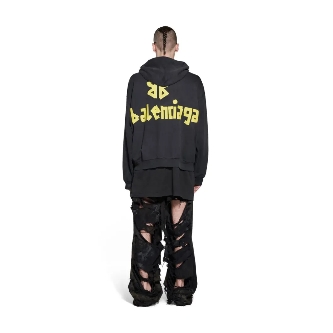 Hoodie Con Cerniera Ripped Pocket Tape Type Large Fit in Nero Délavé