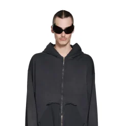 Hoodie Con Cerniera Ripped Pocket Tape Type Large Fit in Nero Délavé