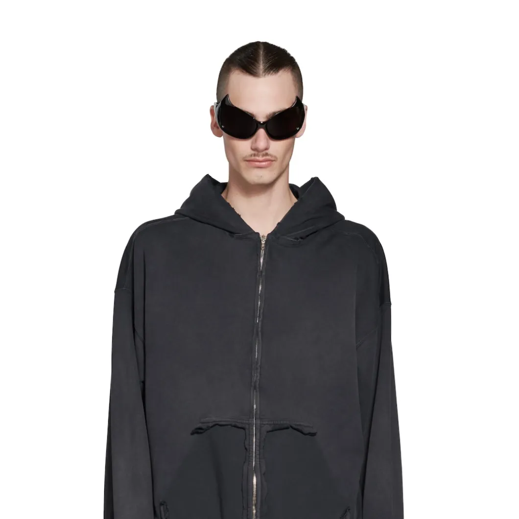 Hoodie Con Cerniera Ripped Pocket Tape Type Large Fit in Nero Délavé