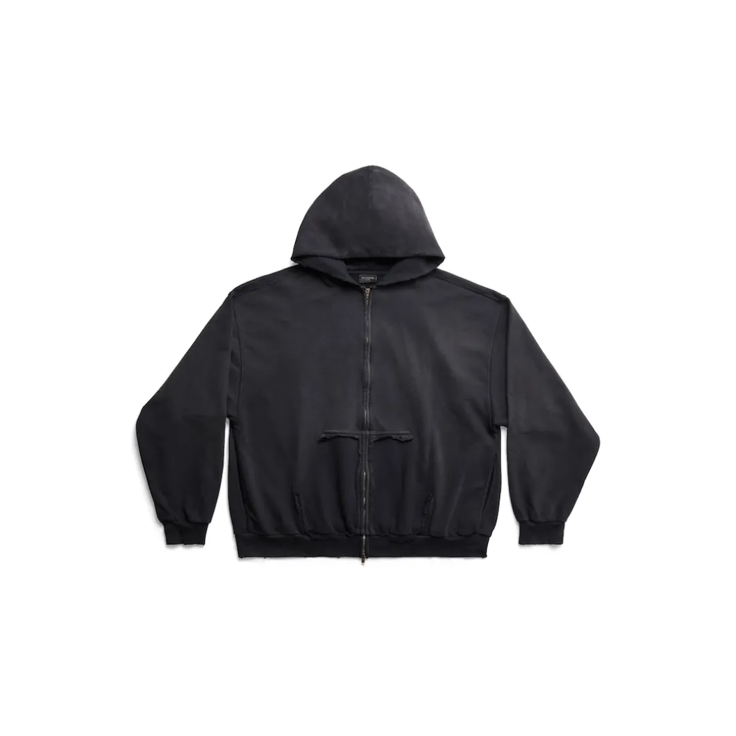 Hoodie Con Cerniera Ripped Pocket Tape Type Large Fit in Nero Délavé