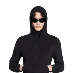 Hoodie Con Zip Aderente da Donna in Nero