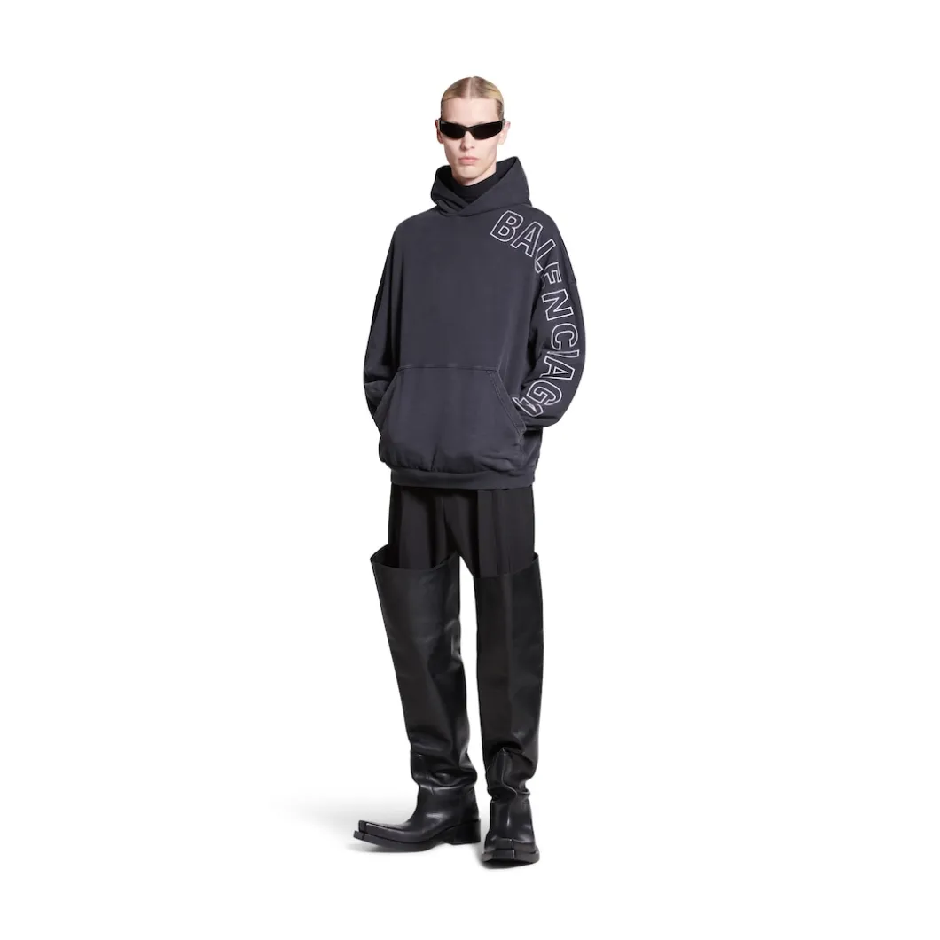 Hoodie Outline Oversize in Nero Délavé