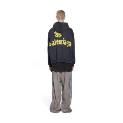 Hoodie Ripped Pocket Tape Type Oversize in Nero Délavé