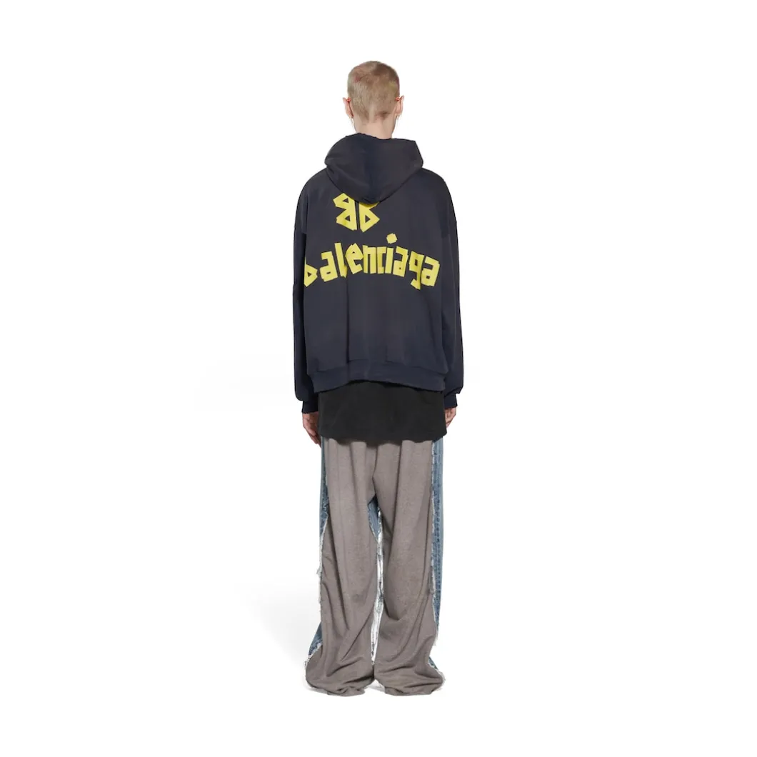 Hoodie Ripped Pocket Tape Type Oversize in Nero Délavé