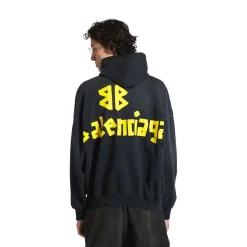 Hoodie Ripped Pocket Tape Type Oversize in Nero Délavé