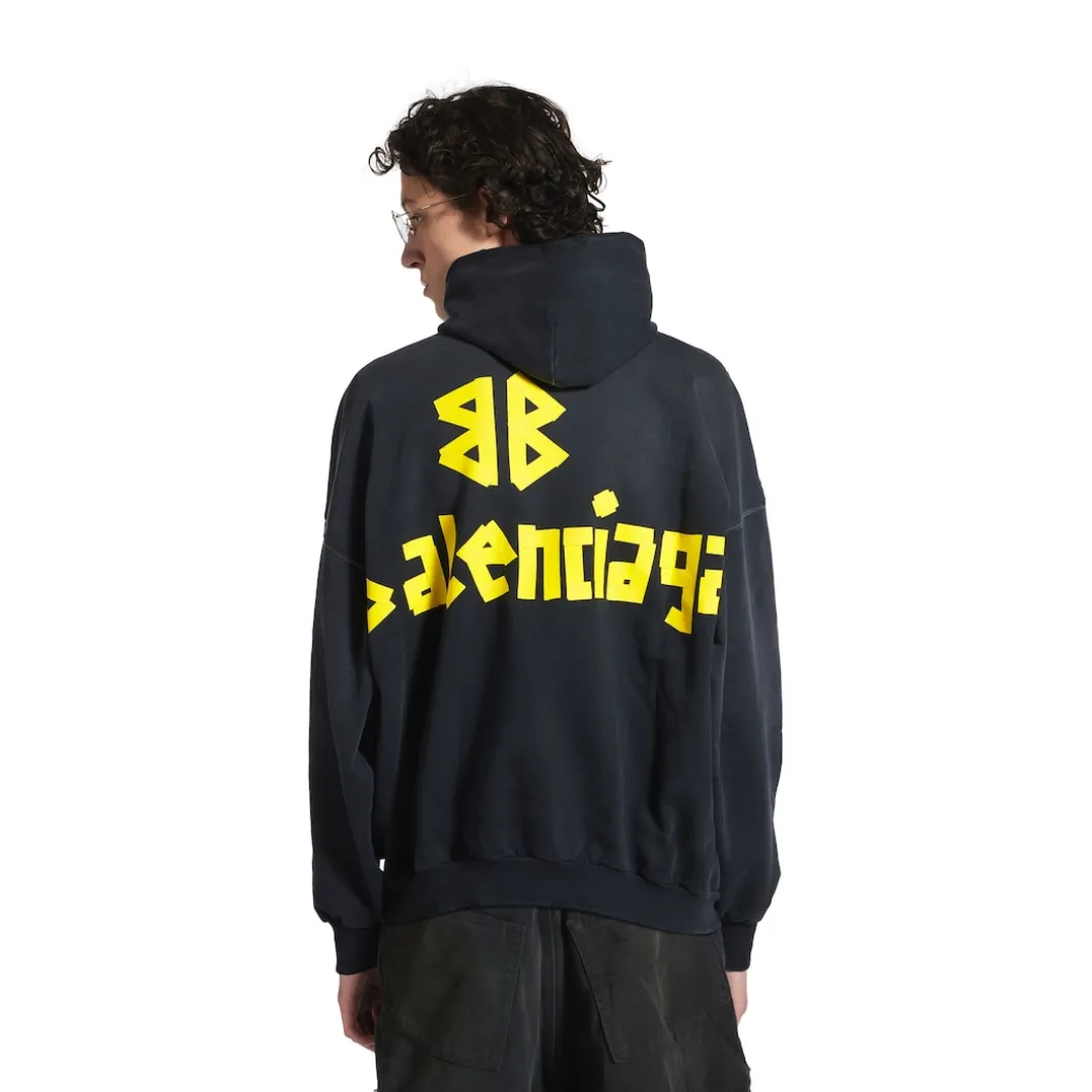 Hoodie Ripped Pocket Tape Type Oversize in Nero Délavé