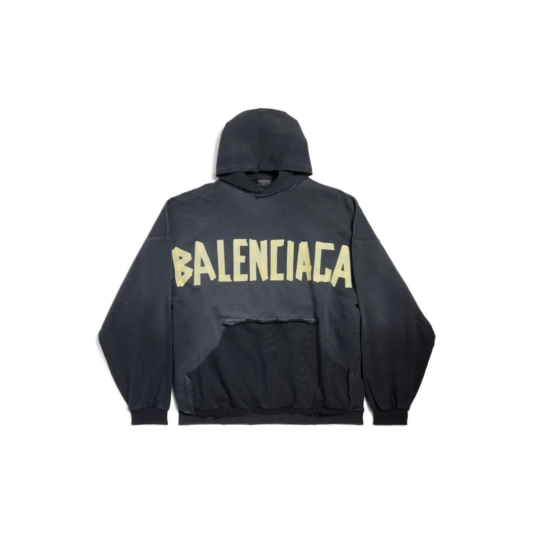 Hoodie Ripped Pocket Tape Type Oversize in Nero Délavé