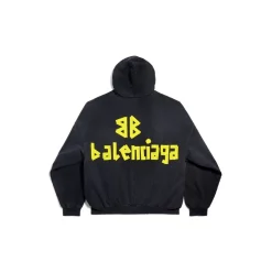 Hoodie Ripped Pocket Tape Type Oversize in Nero Délavé