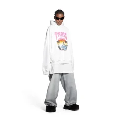Hoodie Round Paris Tropical Oversize in Bianco/rosa