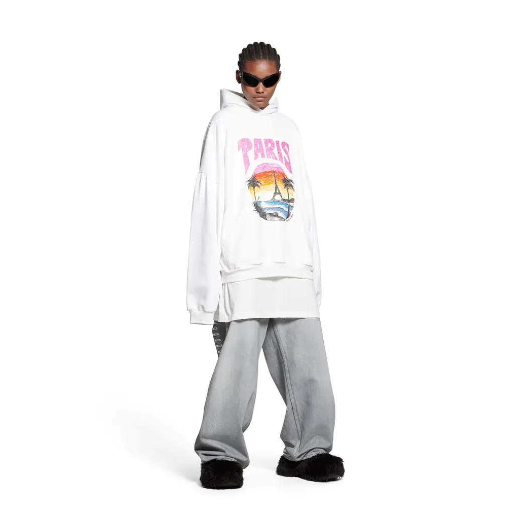 Hoodie Round Paris Tropical Oversize in Bianco/rosa