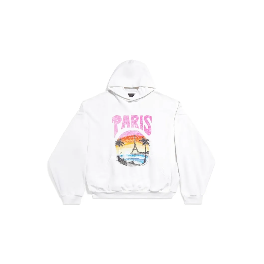 Hoodie Round Paris Tropical Oversize in Bianco/rosa