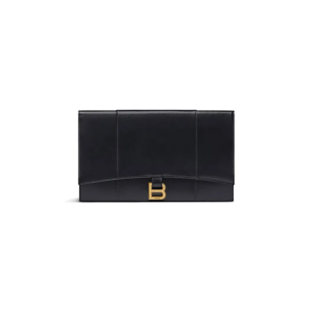 Pochette Hourglass Piatta Con Patta In Pelle Box da Donna in Nero