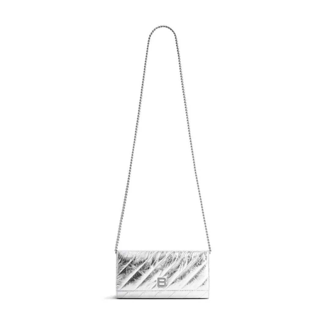 Portafoglio Con Catena Crush Metallizzato E Trapuntato da Donna in Argento