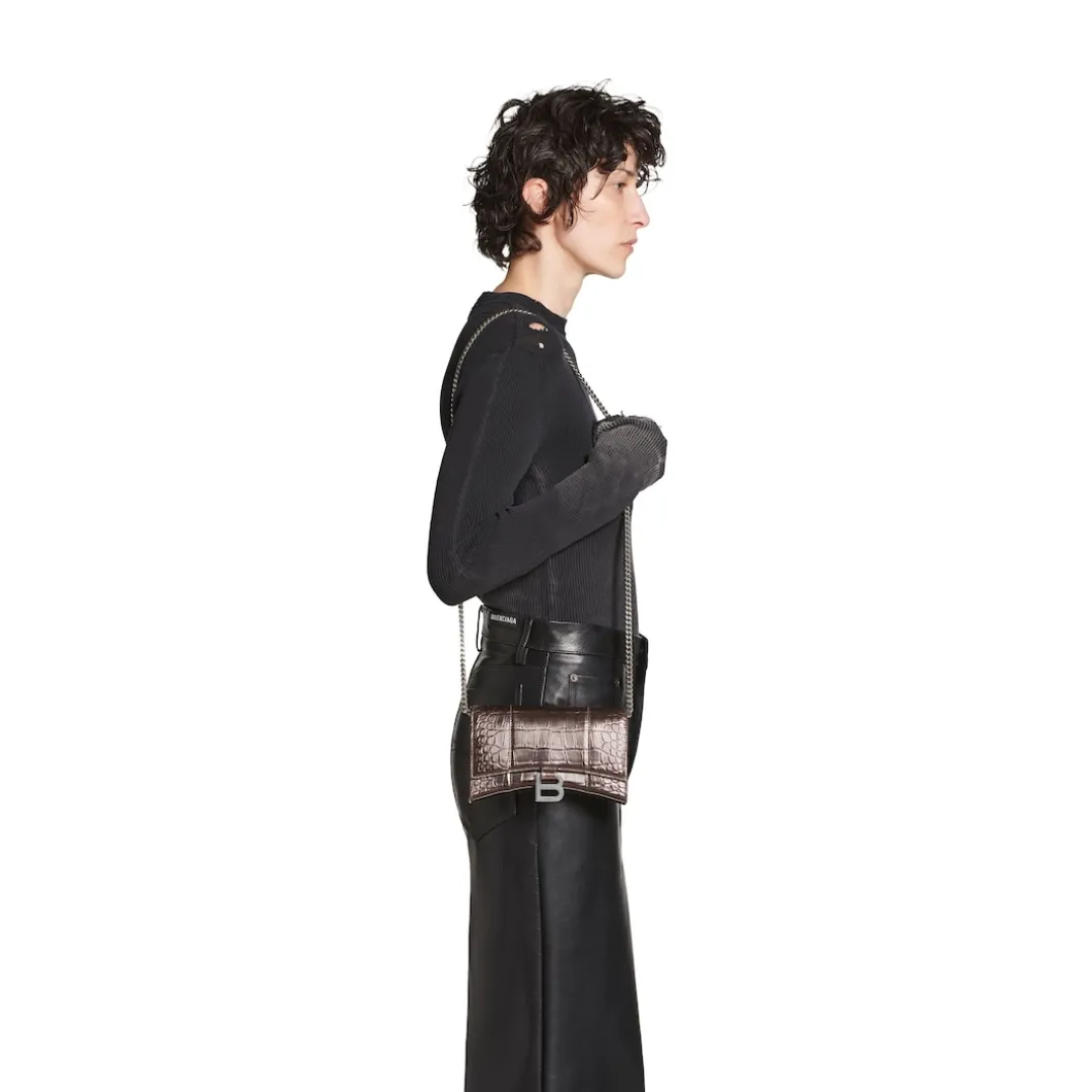 Portafoglio Con Catena Hourglass Metallizzato Con Lavorazione Coccodrillo da Donna in Bronzo