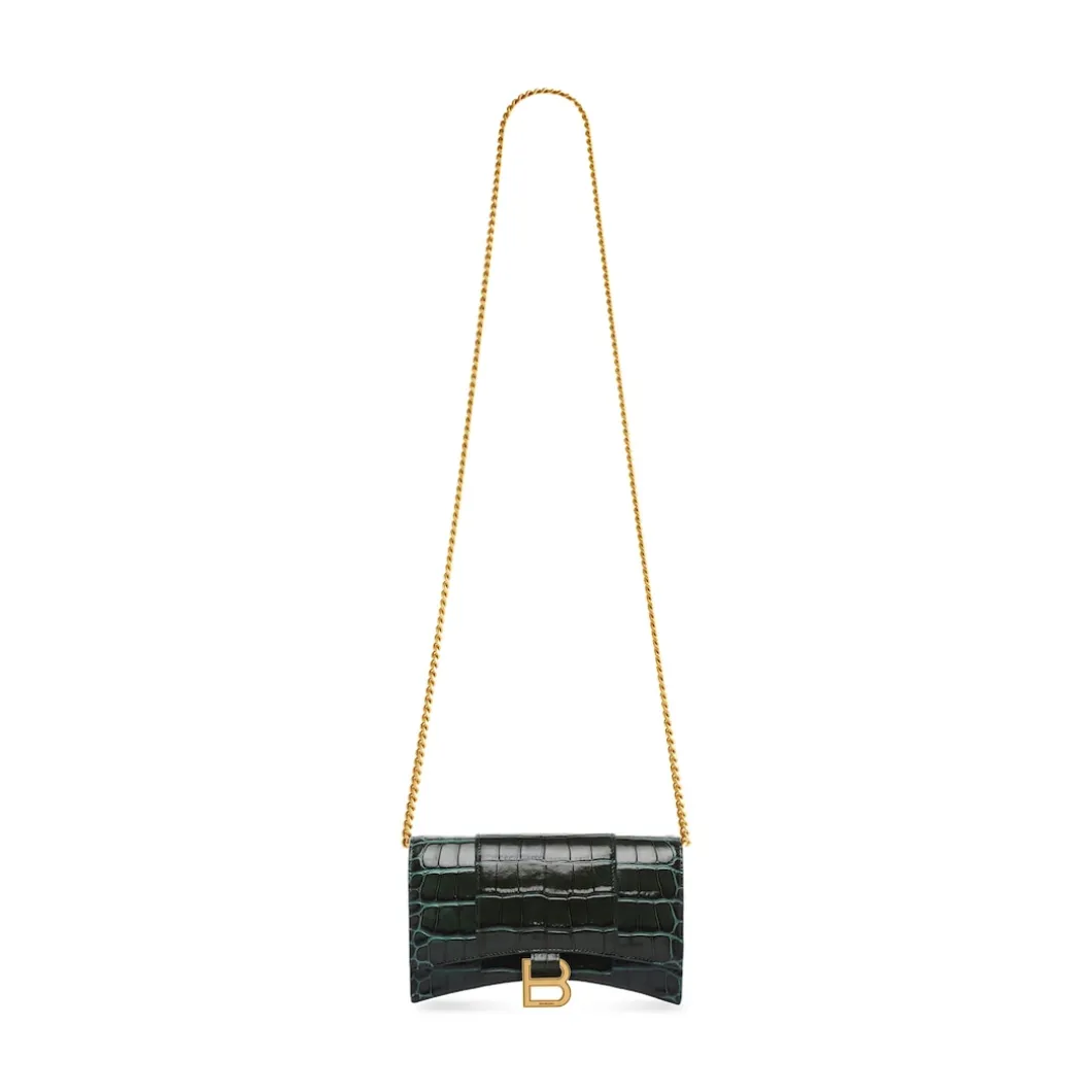 Portafoglio Hourglass Con Catena Con Lavorazione Coccodrillo da Donna in Verde