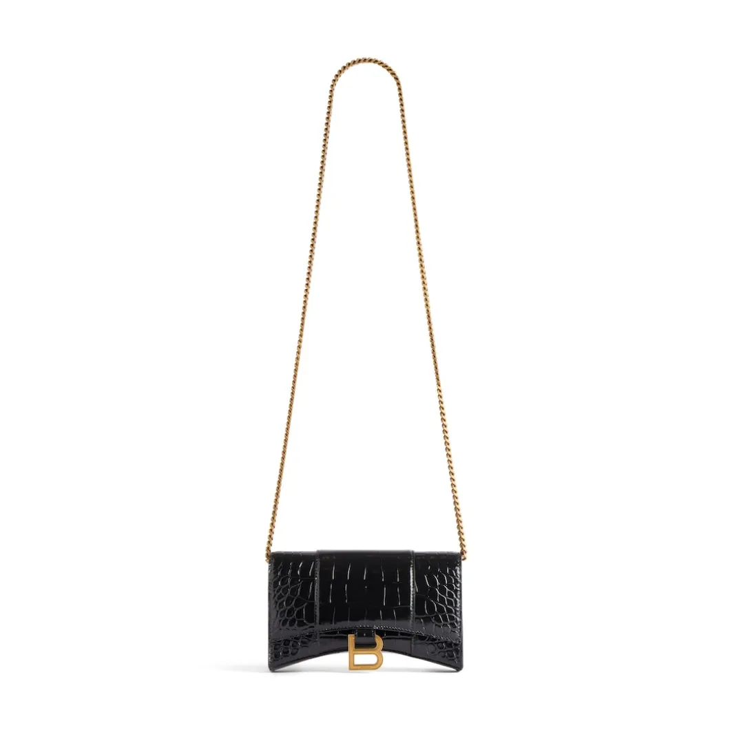 Portafoglio Hourglass Con Catena Con Lavorazione Coccodrillo da Donna in Nero