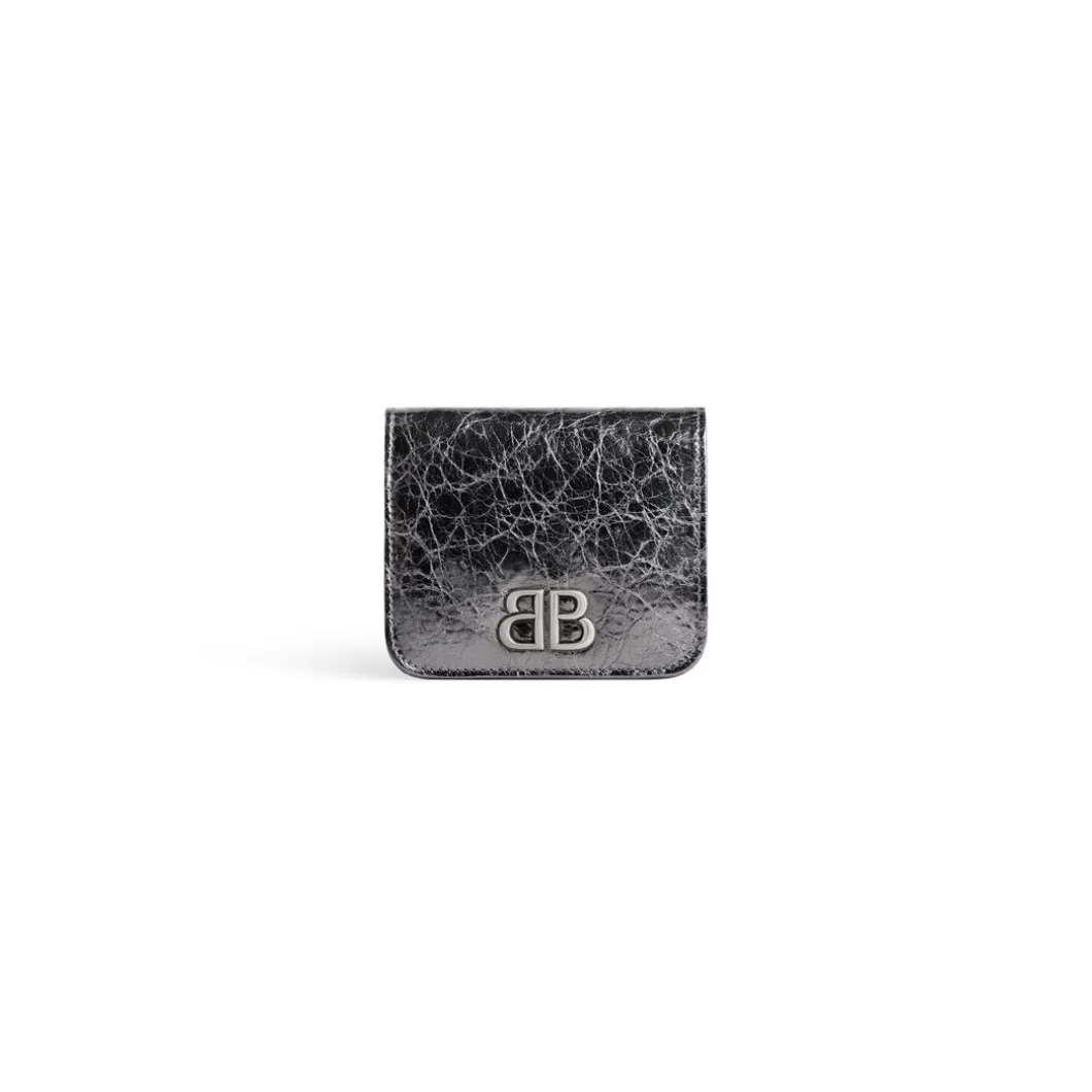 Portamonete E Portacarte Con Patta Monaco Metallizzato da Donna in Grigio Scuro