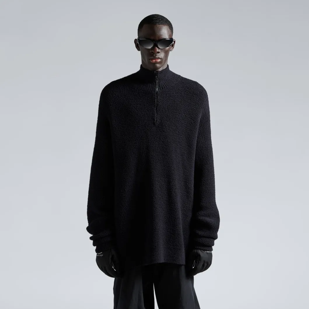 Pullover A Collo Alto Con Mezza Zip in Nero