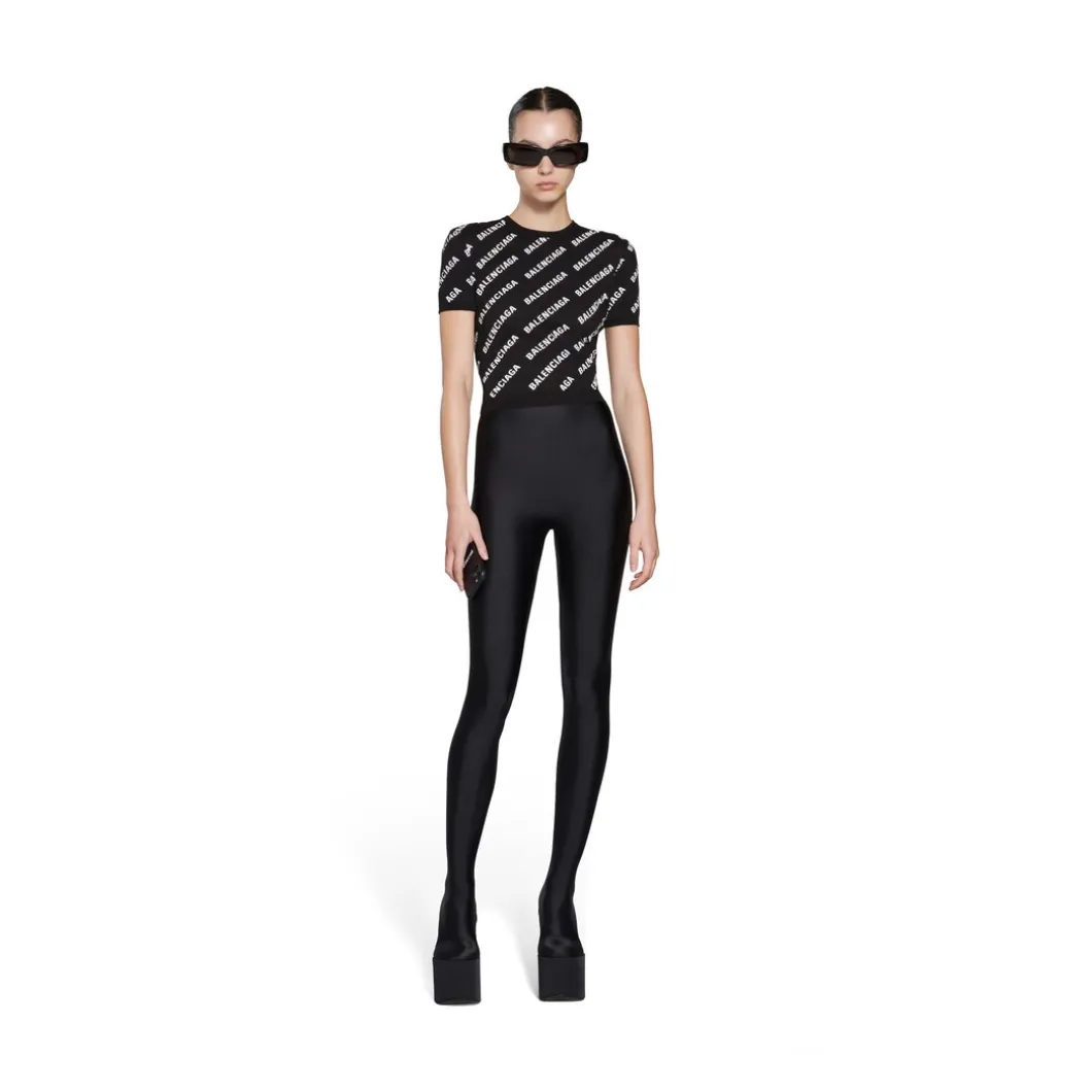 Pullover A Maniche Corte Crop Mini Allover Logo da Donna in Nero