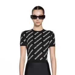 Pullover A Maniche Corte Crop Mini Allover Logo da Donna in Nero