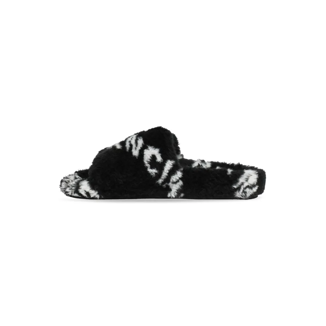 Sandali Furry Slide Allover Logo da Donna in Nero