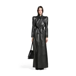 Trench Round Shoulder Maxi da Donna in Nero